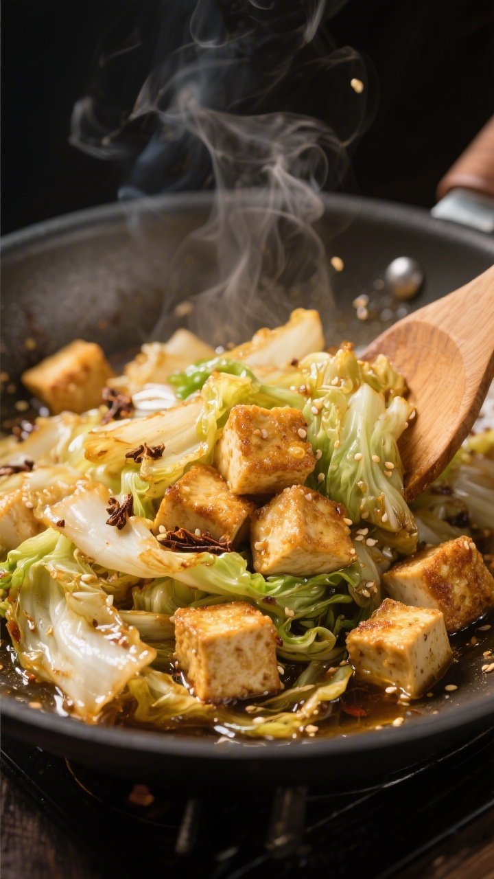 A dynamic close-up of five-spice fried cabbage with crispy tofu crunch in a wok: golden, cornstarch-coated tofu cubes sizzling to a crisp in a mix of neutral oil and sesame oil; wilted Napa cabbage ribbons with slight blistered edges, dusted with Chinese five-spice; glossy, savory sheen and visible sesame oil droplets; shot mid-stir with a wooden spatula, dramatic side lighting highlighting steam and crunchy tofu texture.
