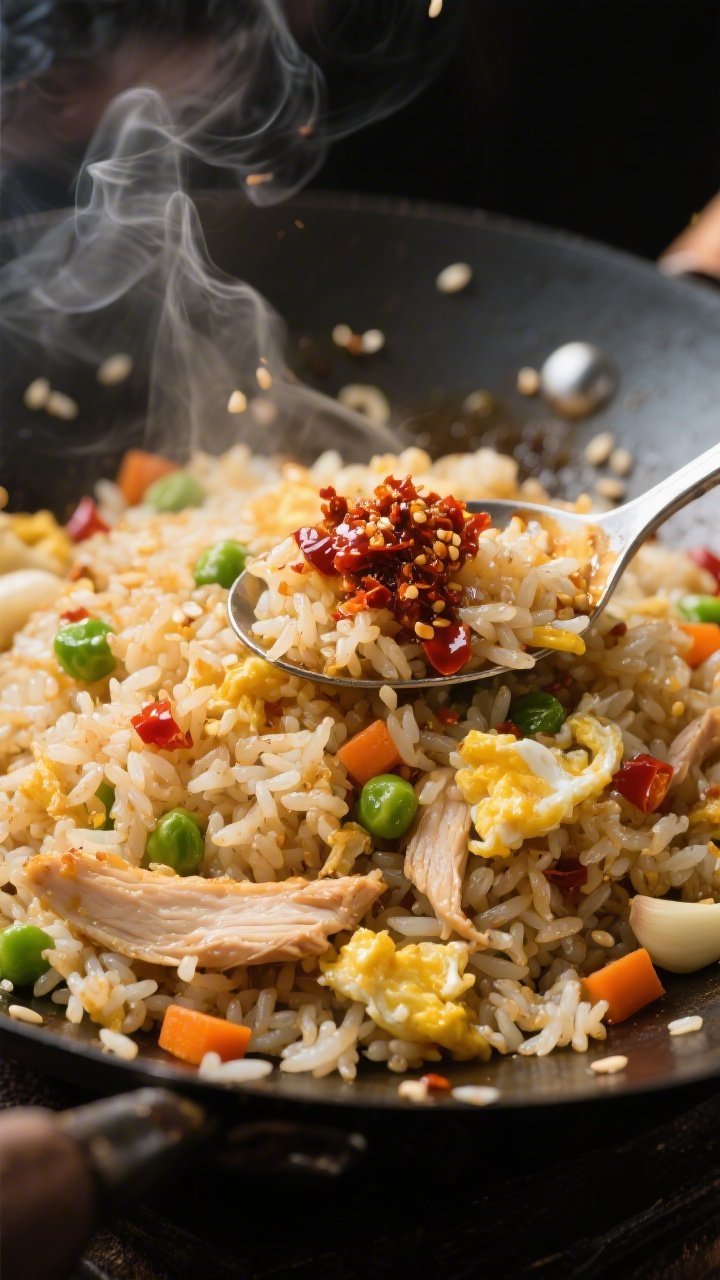 A dynamic close-up of garlicky chicken fried rice with chili crisp: individual glossy grains of day-old rice tossed in a hot wok with neutral oil, scrambled egg ribbons, shredded rotisserie chicken, peas and carrots, and minced garlic, all finished with a spoonful of crunchy chili crisp glistening on top; wisps of steam, a few sesame seeds scattered, and a dark wok background to emphasize texture and sizzle; shot at a 45-degree angle to highlight depth and wok hei sheen.