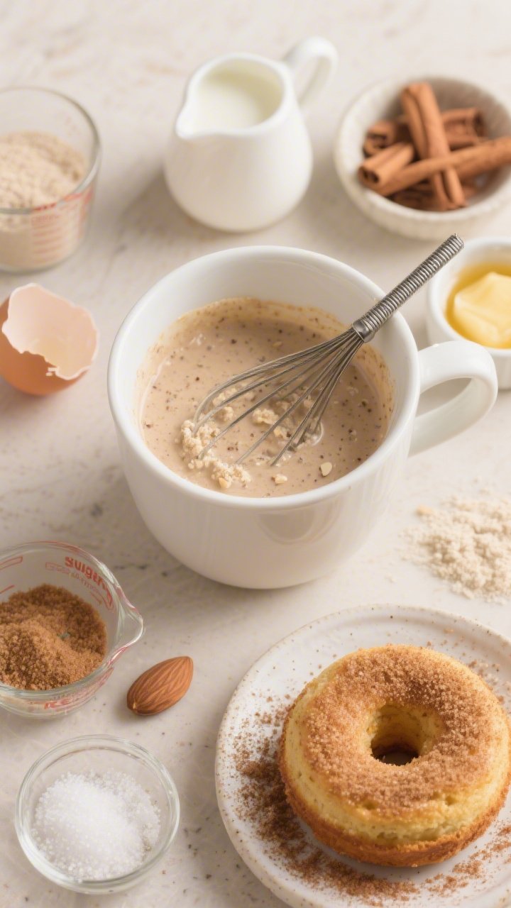 A dynamic ingredients-and-process overhead of a 2-minute cinnamon sugar donut mug cake (keto-style): a white ceramic mug in the center with batter just mixed (visible fine almond flour and coconut flour specks), a small whisk resting inside; surrounding are measured mise en place—granulated sweetener (some reserved for cinnamon “sugar”), baking powder, pinch of salt, a cracked egg, unsweetened almond milk in a mini pitcher, melted butter in a ramekin, and a dish of cinnamon; second frame feel implied with a finished, fluffy mug cake dusted in cinnamon “sugar,” warm neutral tones