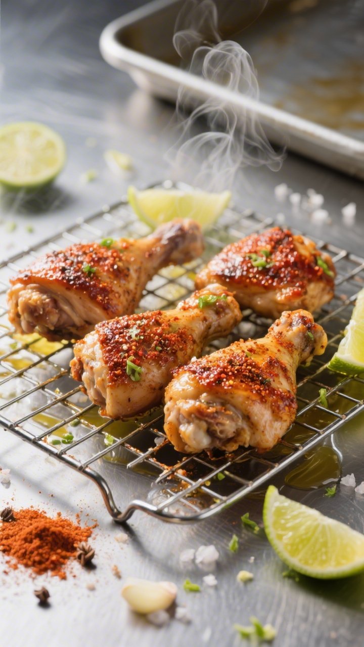 A dynamic straight-on shot of chili-lime chicken thighs on a wire rack after air frying, lacquered with a rub of chili powder, cumin, smoked paprika, garlic and onion powder, and kosher salt; lime wedges and zest sprinkled around, a light sheen of olive oil, steam just lifting; set on a stainless surface for a meal-prep vibe with a shallow tray in the background