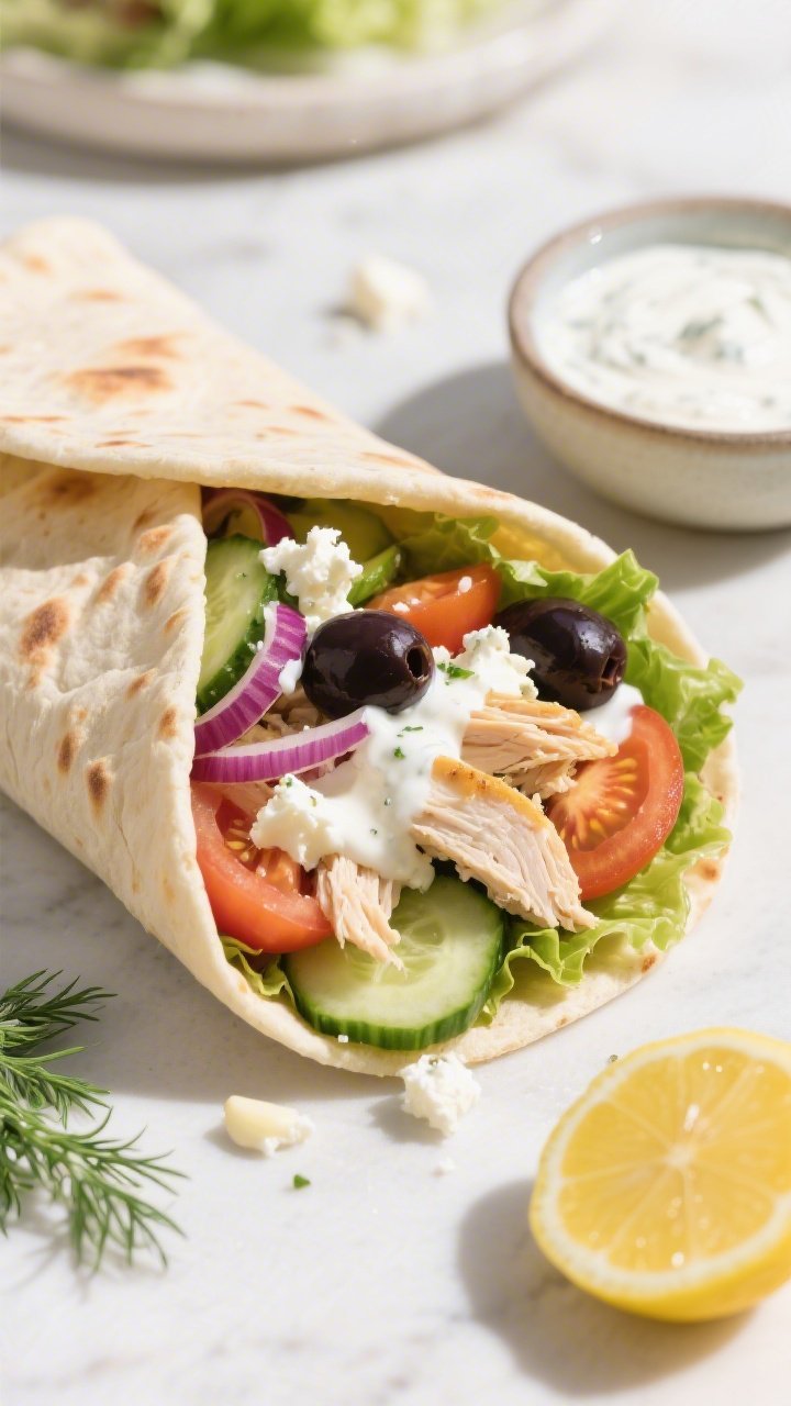 A fresh, Mediterranean chicken pita wrap assembly at 45 degrees: fluffy warm pitas stuffed with shredded rotisserie chicken, crisp cucumber, juicy tomato wedges, red onion slivers, romaine, Kalamata olives, and crumbles of feta, drizzled generously with a zesty yogurt sauce (yogurt, lemon, garlic, dill); bright, sunlit styling with a small bowl of the yogurt sauce and lemon halves nearby; focus on vibrant colors and clean, herbaceous freshness, no people in frame.