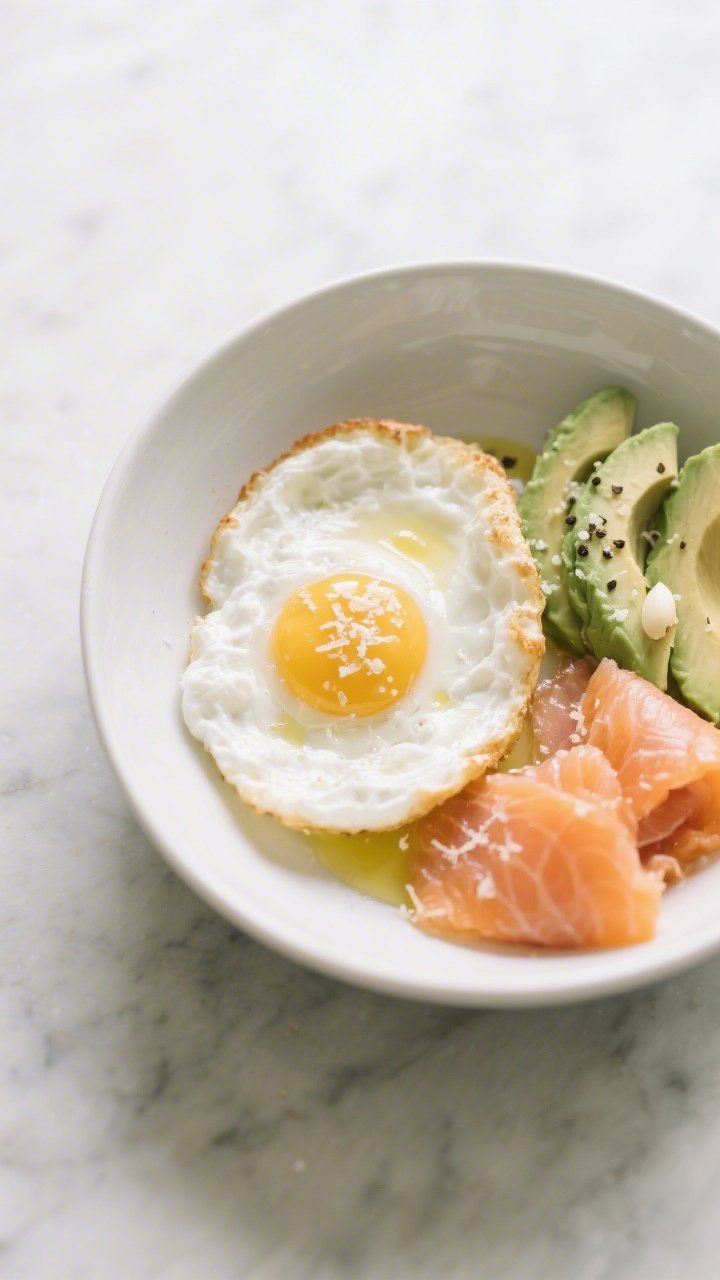A minimalist plated breakfast bowl at a 45-degree angle: cloud eggs with whipped, Parmesan-laced whites baked to puffy golden edges, silky yolks nestled in the center; slices of smoked salmon folded beside creamy avocado fans; a light drizzle of olive oil, a dusting of kosher salt, black pepper, and optional garlic powder; served in a matte white bowl on a pale marble surface with soft morning light for an elegant, airy brunch look