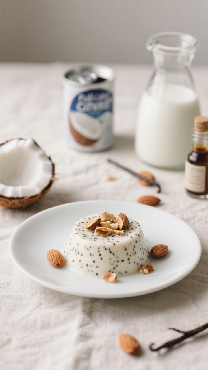 A minimalist, plated shot of coconut-chia panna cotta unmolded onto small white plates, straight-on perspective. The panna cotta is silky and gently wobbling, speckled with tiny chia seeds; topped with a toasted almond crunch scattered over and around. In the background, cans of full-fat coconut milk, a carafe of unsweetened almond milk, a vial of vanilla extract, and an almond extract bottle (optional) are softly blurred. Light, airy styling with neutral linens; crisp highlights to emphasize the creamy set and glossy finish.