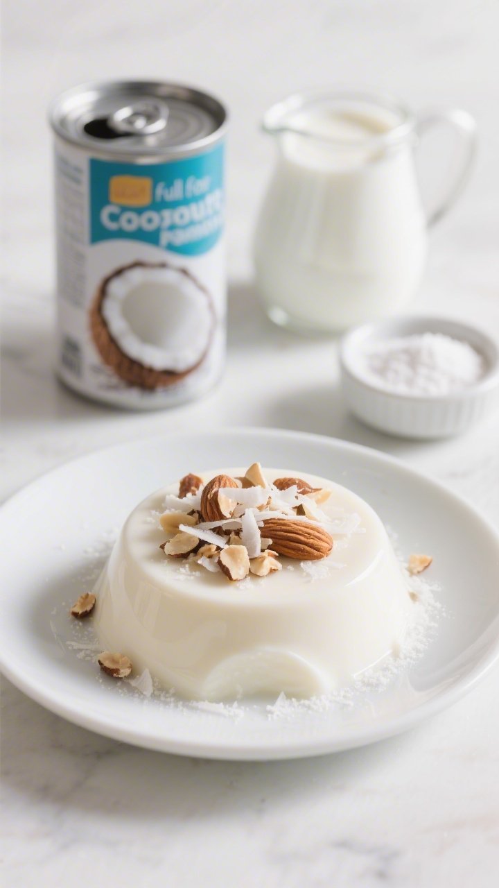 A minimalist, straight-on plated presentation of coconut panna cotta unmolded onto a white ceramic plate, wobbly-smooth with a satin sheen; topped with a generous sprinkle of toasted almond crunch and a light coconut flake dust; behind it, a can of full-fat coconut milk and a small pitcher of heavy cream partially out of focus, plus a tiny dish of powdered erythritol/allulose and a pinch of powdered gelatin; bright, clean lighting with delicate shadows for an elegant dessert vibe