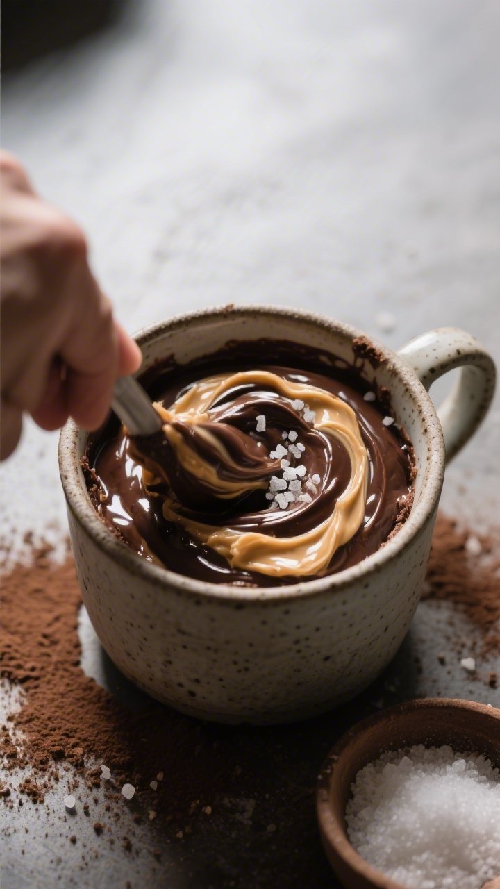 A moody, 45-degree angle process shot of a peanut butter brownie mug mash-up batter being swirled: thick, glossy cocoa and almond flour brownie base marbled with ribbons of creamy peanut butter, granular erythritol crystals partially dissolved, pinch of salt and a hint of baking powder visible in a nearby pinch bowl; set in a sturdy stoneware mug with cocoa powder dusted on the counter, directional light to amplify fudgy, salty-sweet anticipation.