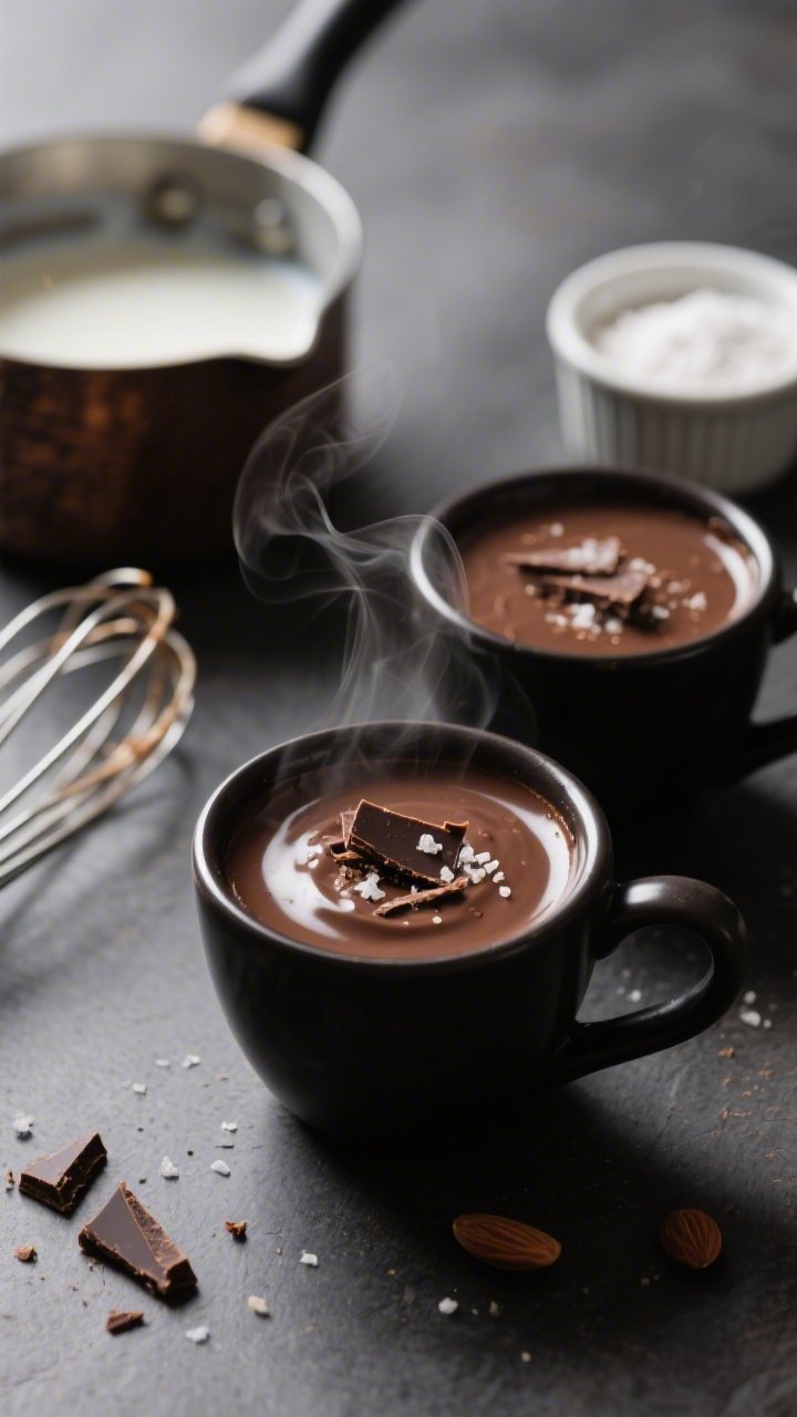 A moody close-up at 45 degrees of silky chocolate pots de crème in small dark espresso cups, glossy surface with micro-bubbles smoothed, faint steam, garnished with a few shavings of 70–85% sugar-free dark chocolate and a pinch of flaky salt; blurred background shows a small saucepan of heavy whipping cream and unsweetened almond milk, a whisk with traces of custard, and a ramekin of powdered erythritol/allulose; rich cocoa-brown tones, shallow depth of field highlighting the custard’s melt-on-the-tongue texture, professional studio lighting
