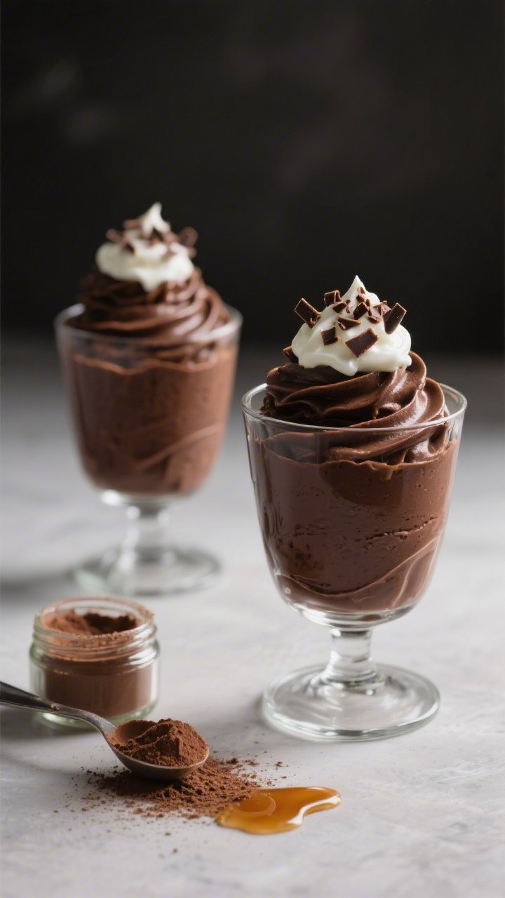 A moody, straight-on dessert shot of chocolate avocado protein mousse piped into clear dessert glasses: ultra-smooth, glossy dark mousse made from ripe avocados, Greek yogurt, unsweetened cocoa powder, protein powder, and maple syrup, topped with a dollop of yogurt, micro chocolate shavings, and a light cocoa dusting; minimal set with a small jar of cocoa, a scoop of protein powder, and a maple syrup drizzle trail, soft side lighting emphasizing the luscious, creamy texture.