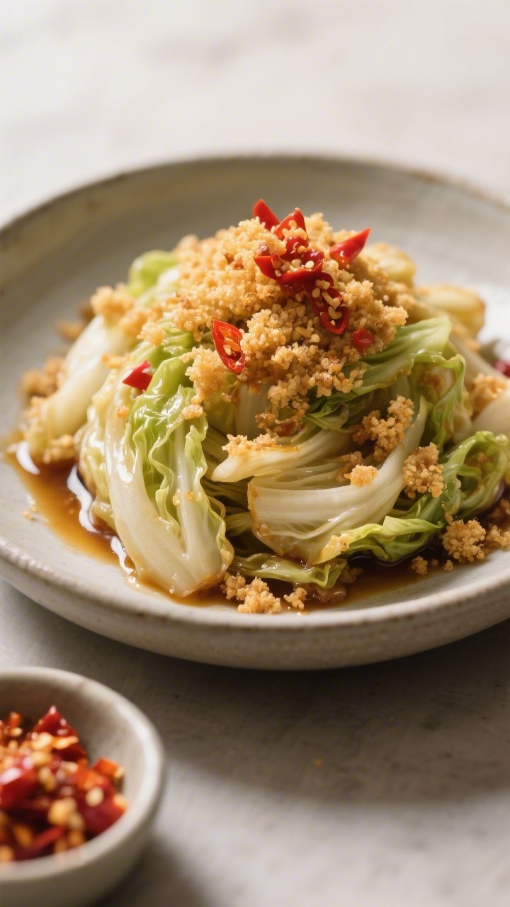 A plated 45-degree shot of miso-ginger fried cabbage crowned with chili crisp breadcrumbs: silky Napa cabbage ribbons tossed in a buttery miso-ginger glaze, subtle sheen and savory aroma implied; a generous layer of golden panko toasted in butter, stained red with chili crisp, adding craggy, spicy crunch; served in a matte ceramic bowl with extra chili crisp in a tiny dish; soft, diffused light to emphasize textures and umami depth.