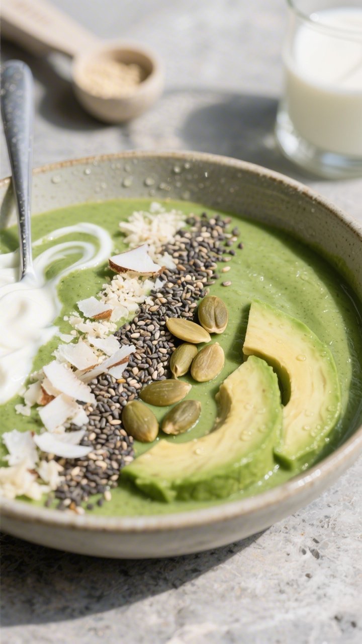 A plated 45-degree smoothie bowl that reads rich and satiating: thick, spoonable green base from avocado, full-fat Greek yogurt, and unsweetened almond milk blended with low-carb vanilla protein powder, poured into a shallow ceramic bowl. Toppings arranged in neat rows: chia seeds, unsweetened coconut flakes, a few pumpkin seeds, and thin slices of avocado. Subtle condensation at the rim, creamy swirls visible, styled on a cool stone surface with the protein scoop and milk glass softly blurred in the background, fresh daylight.
