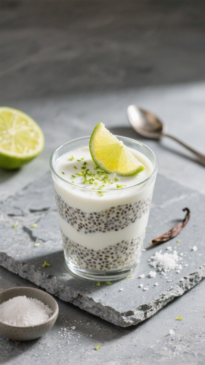 A plated parfait at a 45-degree angle: creamy coconut-chia pudding layered in a clear tumbler, showing swollen chia seeds suspended in full-fat coconut milk; topped with finely grated lime zest, a thin lime wheel, and a tiny drizzle of coconut milk; a pinch of visible salt flakes and a hint of vanilla in the background; styled on a cool gray stone surface with a halved lime, a spoon, and a small bowl of allulose; bright, zesty mood with crisp highlights to emphasize freshness and lime zing, no people.