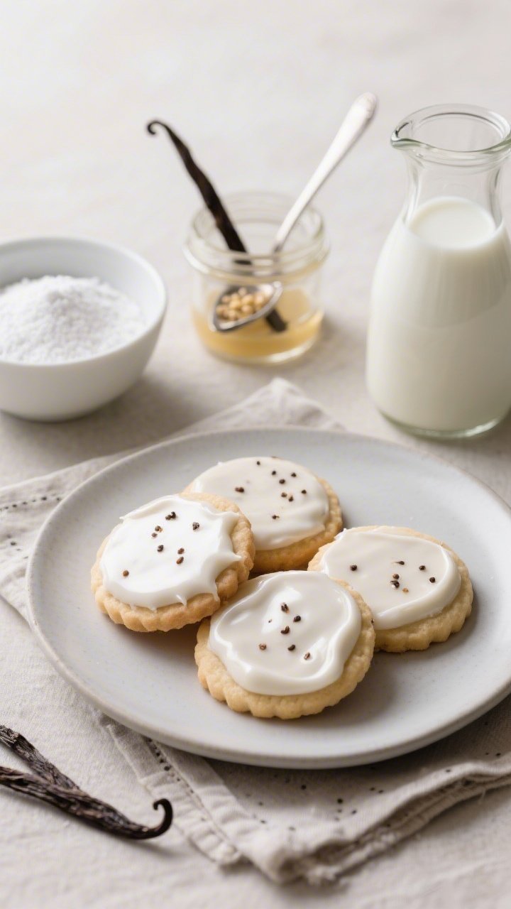 A plated presentation at a 45-degree angle of Luxe Vanilla Bean Icing with a candy-coat shine: elegant sugar cookies finished with a soft-set, luminous glaze freckled with visible vanilla bean specks; ingredients styled nearby—sifted powdered sugar in a white bowl, light corn syrup in a glass jar, vanilla bean paste with an open spoon showing seeds, room-temp milk in a small carafe; served on a matte porcelain plate over linen, gentle highlights to showcase the candy-coat sheen, refined and minimalist styling.