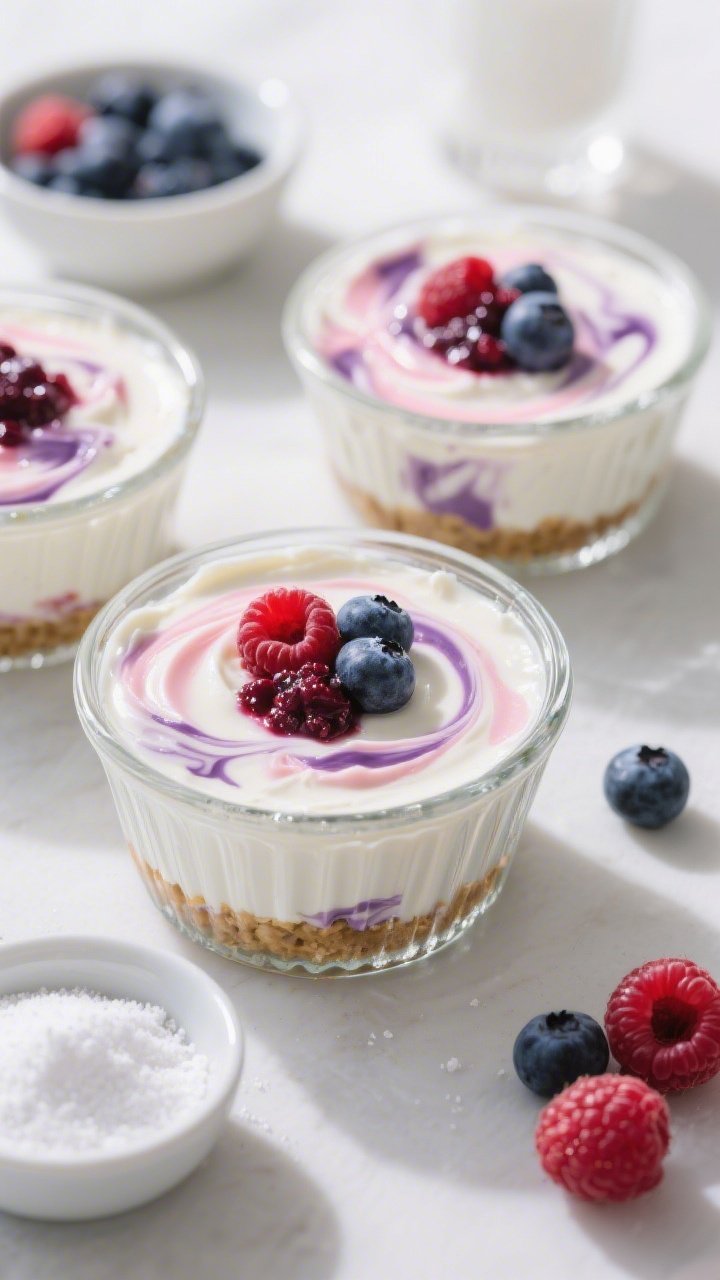 A plated, straight-on shot of berry cheesecake cups in clear glass ramekins: velvety full-fat cream cheese mixture swirled with lightly mashed fresh berries (raspberries and blueberries visible), marbled pinks and purples against creamy white; a sprinkle of extra berry mash on top for shine; nearby bowls holding powdered keto sweetener and whole berries; bright, fresh daylight for a cool, inviting mood.