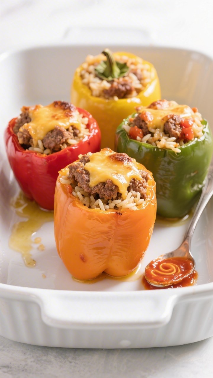 A plated, straight-on shot of Cheesy Meatloaf-Stuffed Peppers with zesty tomato rice: four bell peppers (red, yellow, green, orange) with tops off, standing upright on a white ceramic baking dish; each filled with a mix of cooked rice and crumbled leftover meatloaf bound with marinara, crowned with bubbling, browned cheese; a glisten of olive oil on the pepper skins, flecks of tomato visible in the rice; a spoonful of extra marinara swirled on the plate, clean bright lighting for an inviting family-dinner vibe.