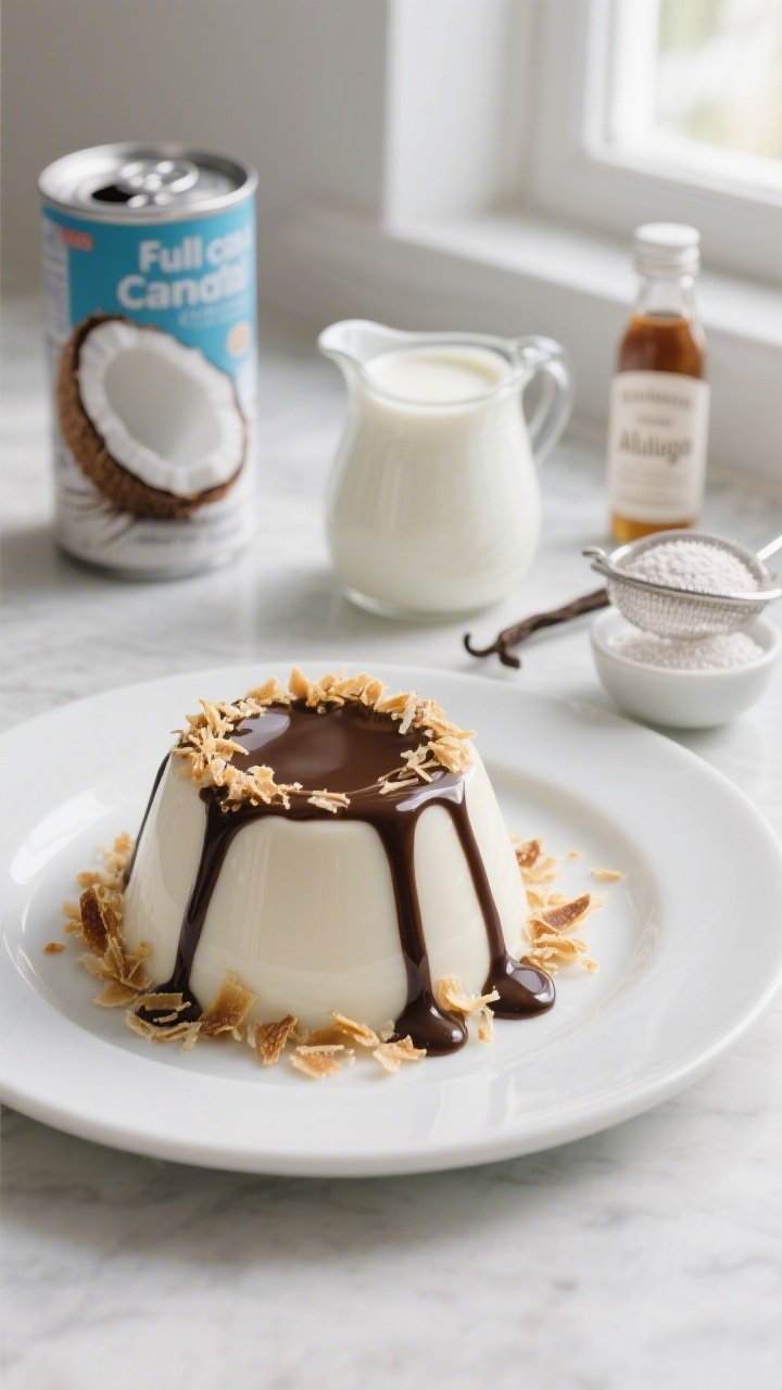 A serene 45-degree hero shot of toasted coconut panna cotta unmolded onto a matte white plate, delicate wobble visible, topped with a glossy dark chocolate drizzle and a halo of golden-toasted coconut flakes; in soft focus behind: a can of full-fat coconut milk, a small pitcher of heavy cream, vanilla extract bottle, powdered allulose in a sifter, and a tiny bowl with bloomed gelatin in cold water; cool, creamy whites contrasted with deep chocolate ribbons, minimalist styling, natural window light for a luxurious, keto-friendly finish