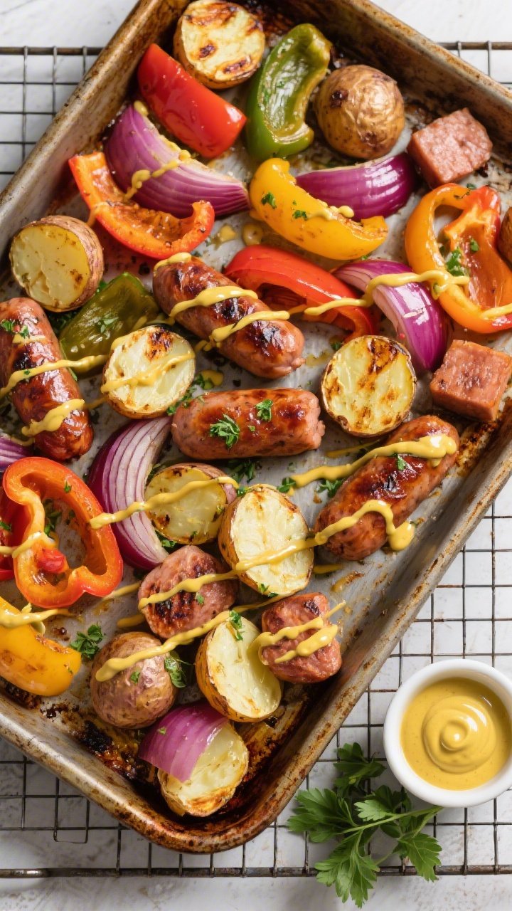 A sheet-pan overhead flat lay straight from the oven: roasted baby potatoes (halved, blistered edges), sliced bell peppers in mixed colors, red onion petals caramelized at the tips, and bronzed Italian sausage pieces in 2-inch chunks; drizzled with a glossy herby mustard sauce in ribbons, with a small ramekin of extra mustard drizzle and sprigs of parsley at the corner; baking sheet on a rustic metal cooling rack, crisp textures and char highlighted, no people.