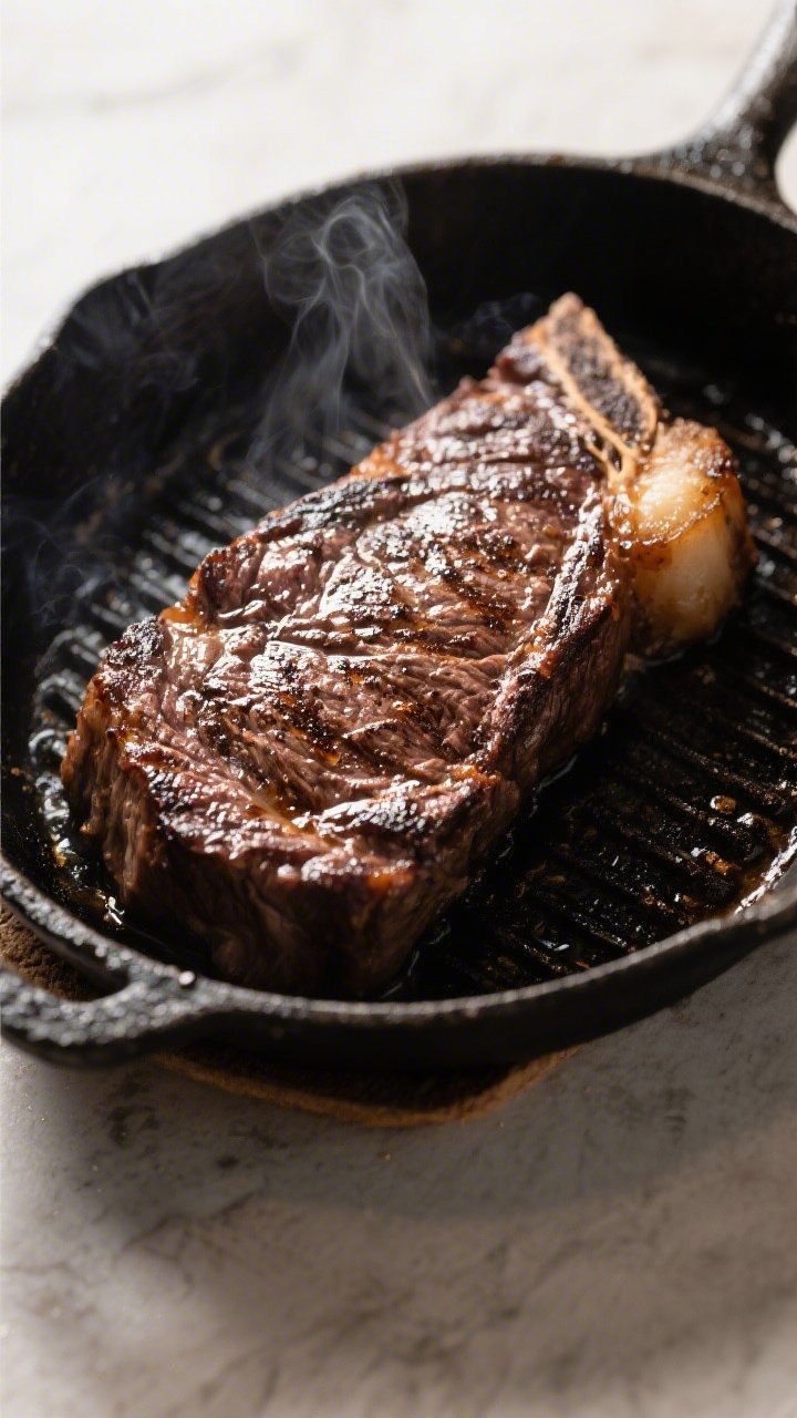 A sizzling 45-degree skillet shot of a steakhouse-style sirloin, 1–