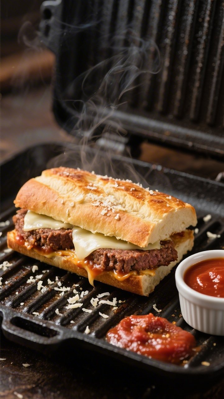A straight-on close-up of a Crispy Meatloaf Parm Panini being pressed on a panini grill: two thick 3/4-inch slices of leftover meatloaf between sturdy Italian bread, oozing melted provolone with strands of mozzarella, edges of bread golden and crisp, Parmesan sprinkled on the crust, a small ramekin of warm marinara sauce on the side with drips on the grill ridges, steam rising, styled on a dark cast-iron griddle with scattered Parmesan shavings and a smear of marinara for color, Italian comfort-food mood, shallow depth of field.