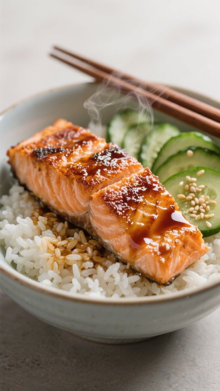 A straight-on close-up of crispy salmon rice bowls: lacquered salmon fillets with crackly skin perched over warm jasmine rice, a glossy soy-honey glaze pooling slightly, quick ponzu cucumbers fanned to the side with sesame seeds; steam visible, chopsticks resting on the bowl rim; highlights on the salmon crust, delicate green cucumber shine, and fluffy rice grains distinct; neutral backdrop to emphasize texture and umami-rich tones