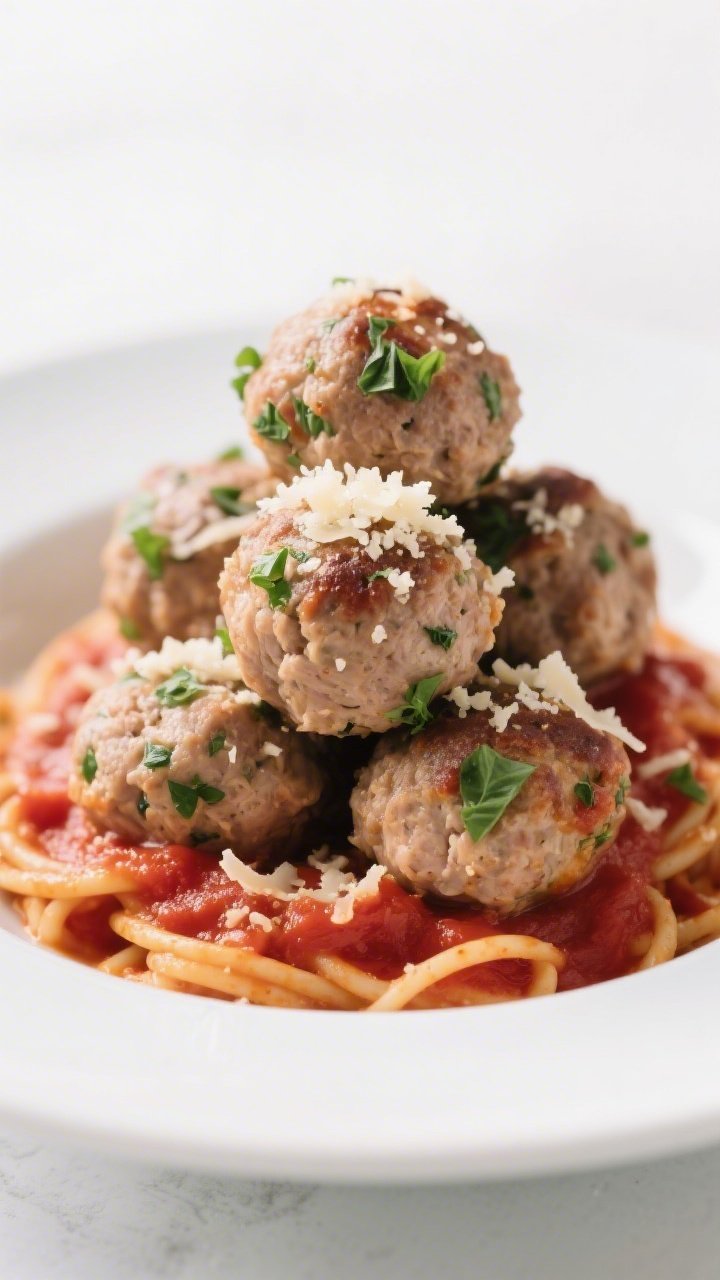 A straight-on, final-dish shot of herby turkey meatballs stacked in a shallow white bowl, flecks of parsley and basil visible within, tender crumb highlighted; Parmesan and panko notes suggested with a light dusting of cheese over top; served over a simple red sauce backdrop to evoke spaghetti night freshness, clean studio lighting and tight composition