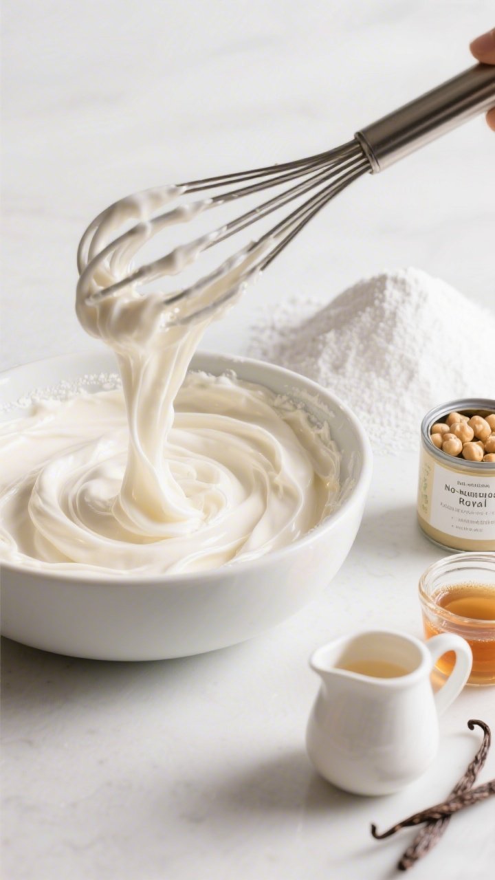 A straight-on macro close-up of No-Meringue Royal Icing made with aquafaba: a whisk lifting silky, ultra-smooth icing ribbons that fall back into the bowl, showing fast-drying, egg-free texture; ingredients visible at the sides—sifted powdered sugar in a mound, a small jar of aquafaba labeled from canned chickpeas, warm water in a tiny pitcher, and vanilla extract; clean backdrop, bright neutral palette, emphasis on the glossy surface tension and precise consistency.