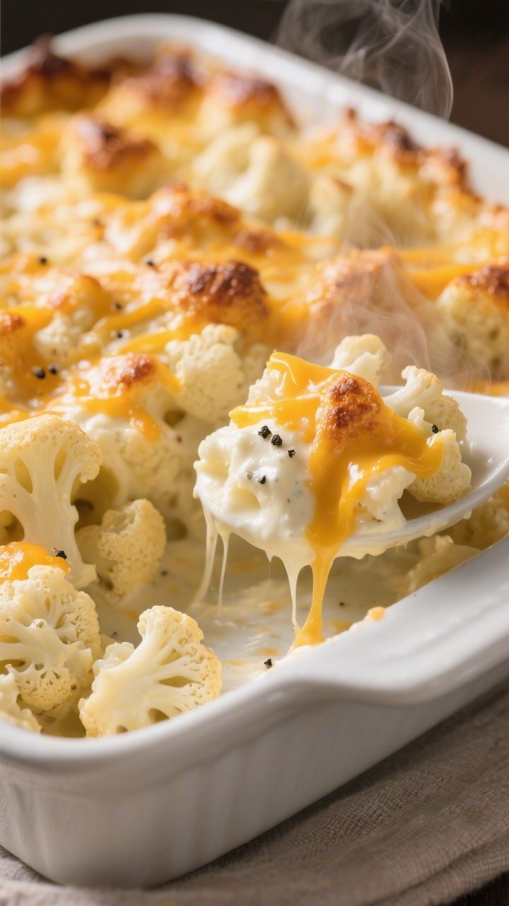 A straight-on, plated comfort-food presentation of cheesy cauliflower “mac” bake: small cauliflower florets coated in a velvety sauce made from heavy cream, cream cheese, butter, and melted sharp cheddar, topped with extra bubbling cheddar and golden-brown edges; served in a white enamel baking dish with a portion scooped into a shallow bowl showing the gooey cheese pull; steam rising, garnished with a light crack of black pepper; soft, cozy lighting to emphasize creaminess.