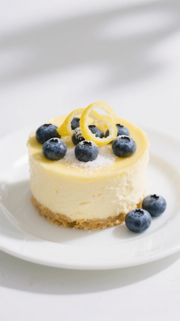 A straight-on plated presentation of a lemon blueberry cheesecake mug dessert de-molded onto a small white plate: creamy, pale-yellow cheesecake body from cream cheese, sour cream, and egg yolk, studded with bursting blueberries, a gleam from vanilla-scented, powdered allulose sweetness; garnished with fresh lemon zest curls and a few scattered blueberries, clean white background, bright natural light to highlight silky texture and citrus freshness.