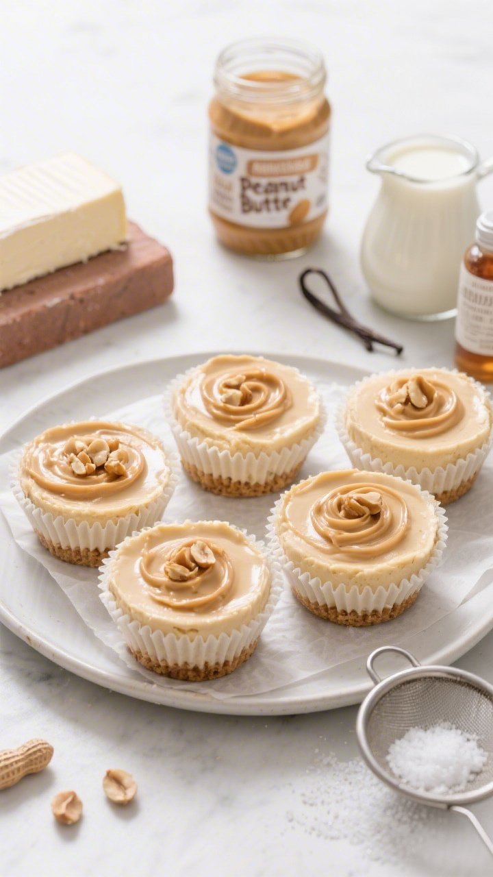 A straight-on, plated presentation of no-bake peanut butter cheesecake cups set in parchment-lined muffin tins. Each cup has a creamy, pale-tan peanut butter cheesecake layer with a smooth top, finished with a swirl of natural peanut butter and a few crushed roasted peanuts. Surround props: a brick of softened cream cheese, a jar of natural peanut butter (no sugar added), a small jug of heavy cream, vanilla extract bottle, powdered allulose in a sieve, and a pinch dish of fine sea salt. Cool, bright lighting to highlight the chilled, velvety texture.