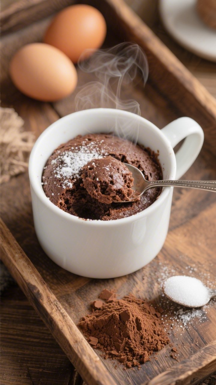 A straight-on, process-focused shot of a 90-second chocolate mug cake just risen in a white ceramic mug, tender crumb visible where a spoon has taken the first scoop; steam subtly rising, cocoa-rich color with a light sprinkle of powdered erythritol on top; nearby ingredients—an egg, a small mound of unsweetened cocoa powder, and a pinch of keto sweetener—styled on a rustic wooden tray, weeknight-casual vibe.