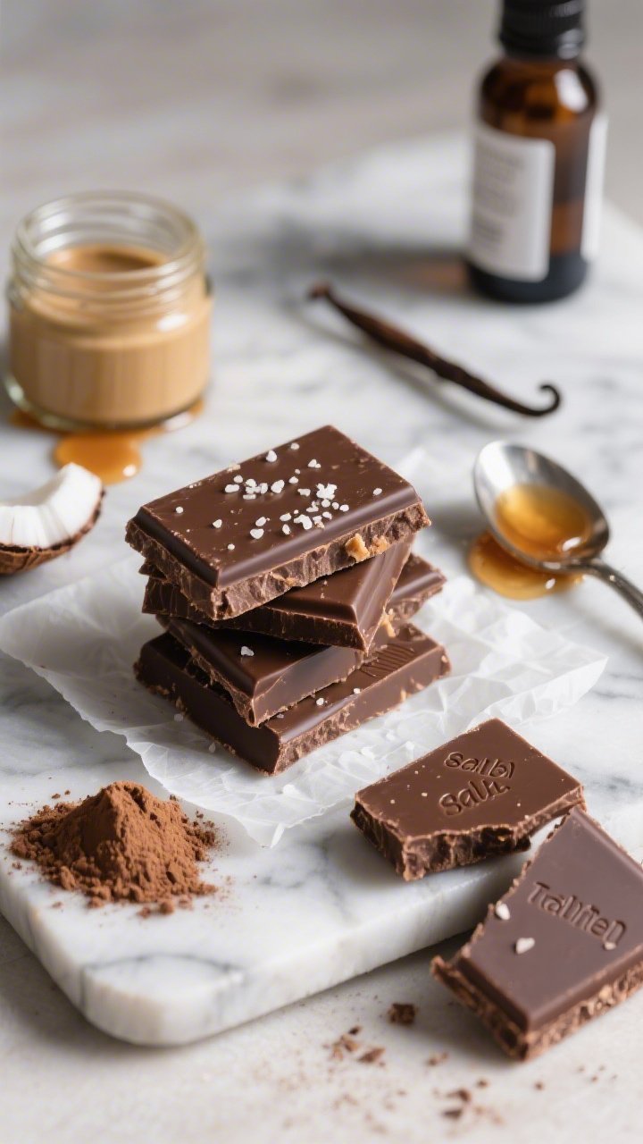 A straight-on shot of salted tahini chocolate bars stacked to showcase a clean, candy-like snap at the break, with delicate sea salt flakes catching the light; arranged on parchment over a cool marble slab with a small jar of tahini (well-stirred), a drizzle trail of maple syrup, a spoon coated in melted coconut oil, a sifted mound of unsweetened cocoa powder, vanilla extract bottle, and a partially chopped 3-ounce dark chocolate bar; crisp, high-contrast lighting for a modern confectionery vibe.