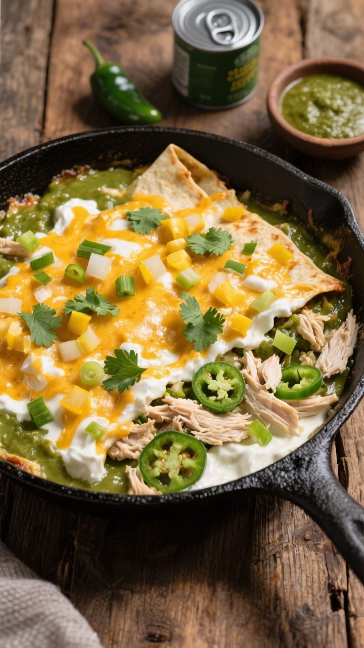 A straight-on skillet capture of a cheesy green chile chicken enchilada bake: a large black oven-safe skillet brimming with shredded chicken, diced green chiles, green enchilada sauce folded with sour cream/Greek yogurt, and a bubbling golden cheese layer; visible diced yellow onion and minced garlic peeking through the creamy green sauce; sprinkle of chopped cilantro and sliced green onions on top; rustic wooden table, a can of green chiles and a small bowl of extra enchilada sauce off to the side; gooey, melty, comfort-food vibes.
