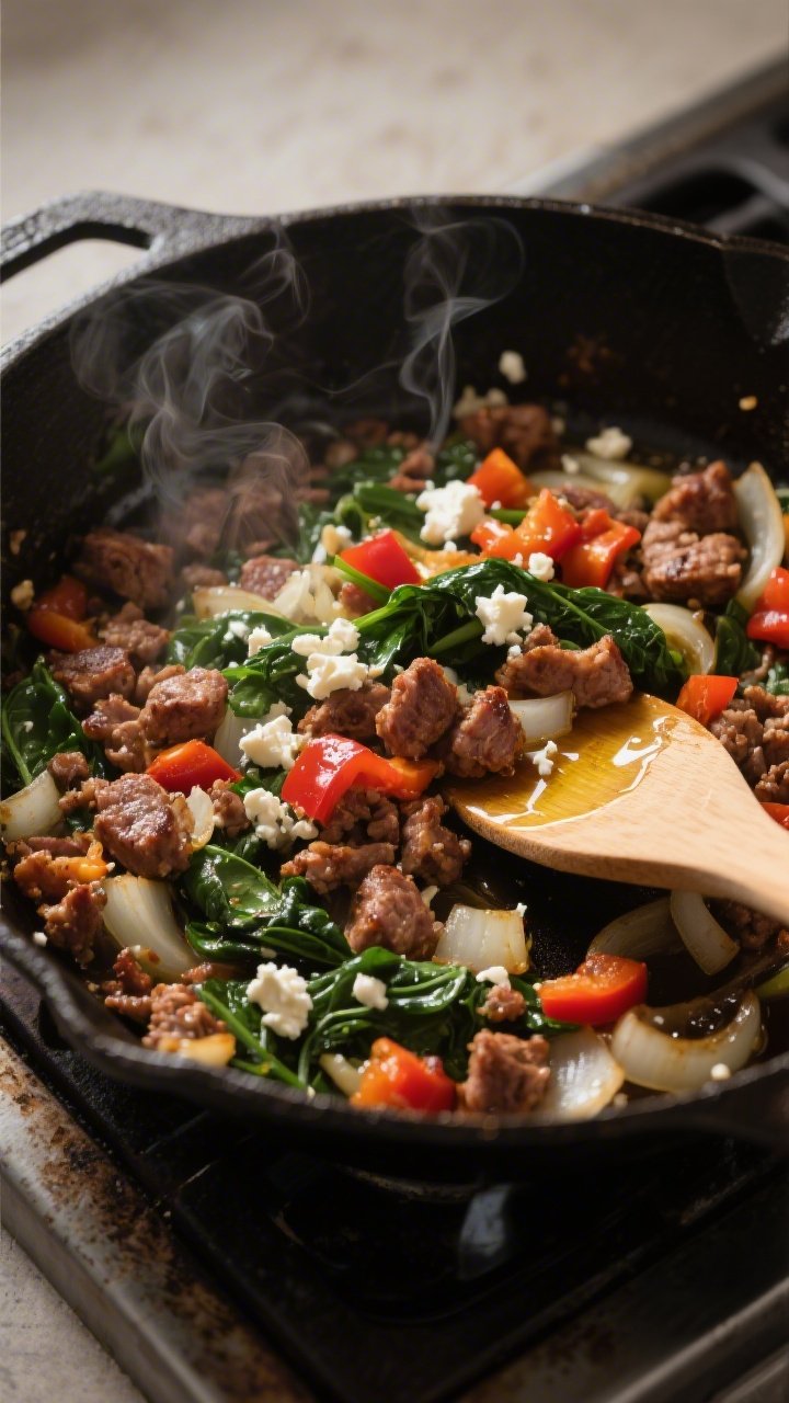 A straight-on skillet scene capturing the savory keto breakfast: browned no-sugar pork sausage crumbles sizzling in a cast-iron pan with diced onion and small bell pepper pieces, wilted greens (spinach) peeking through, and crumbled feta melting into the mix. A wooden spatula rests at the edge mid-stir, with a light gloss of olive oil on the surface. Steam wisps visible, vibrant peppers and onions providing color contrast, set on a rustic stovetop with neutral backdrop, moody directional light.