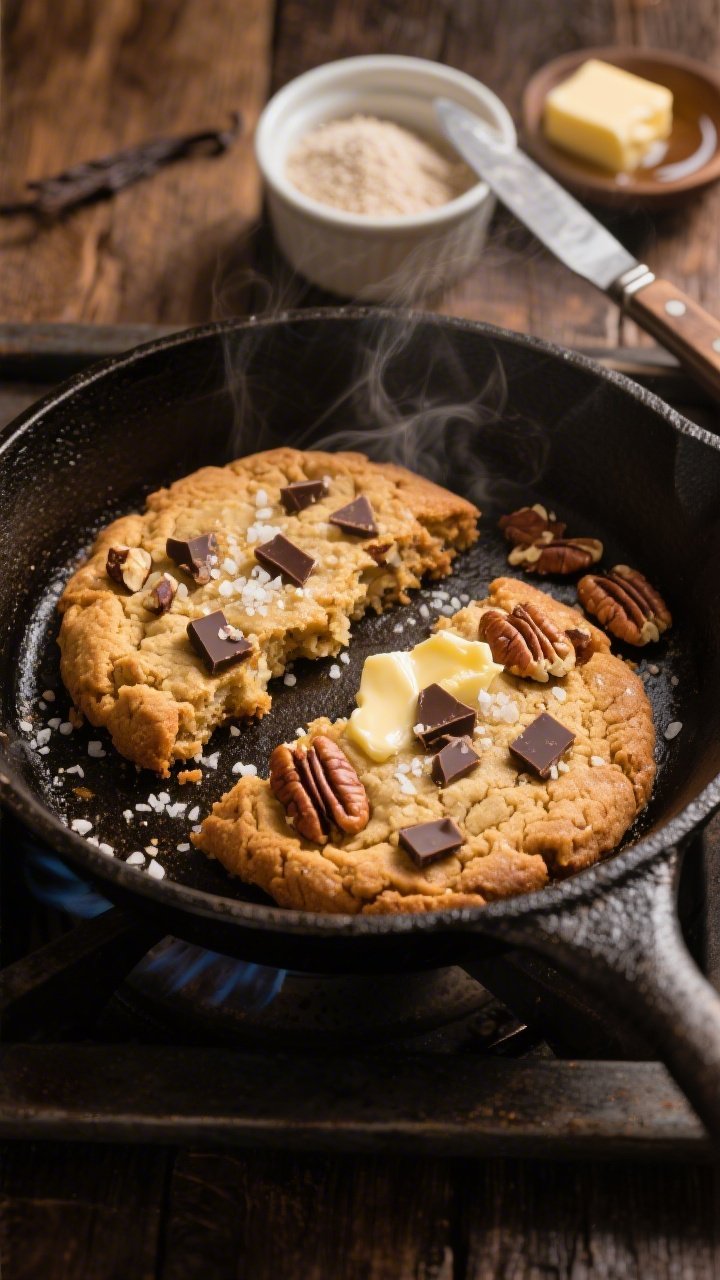 A straight-on skillet scene of a butter-pecan cookie for two, cooked on the stovetop: golden-brown, crinkled surface in a small cast-iron skillet, studded with chopped sugar-free dark chocolate and toasted pecan pieces; visible coarse salt crystals and a glossy butter sheen; ingredients styled around—almond flour in a ramekin, granular erythritol, baking powder, vanilla extract, and a pat of melting unsalted butter on a knife; warm, cozy lighting with a rustic wooden backdrop, steam subtly rising, no people.