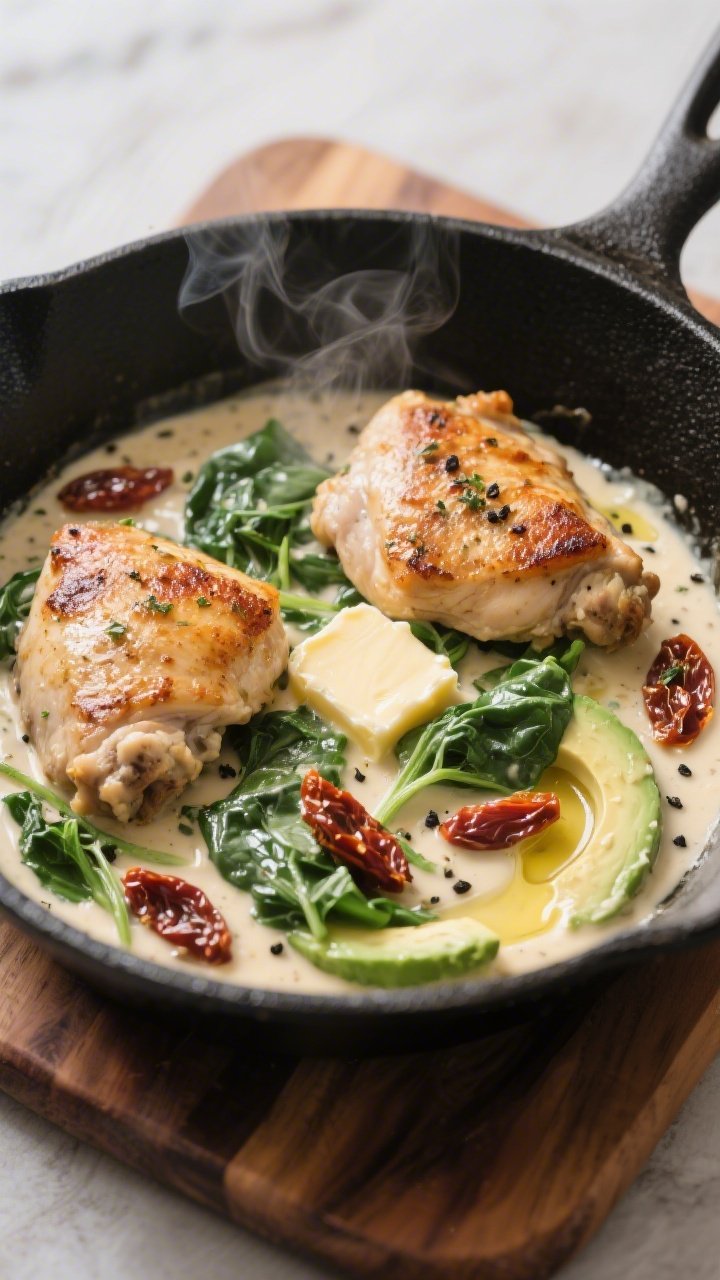 A straight-on skillet scene of creamy Tuscan chicken: boneless chicken thighs seared to a golden crust, simmering in a luxurious cream sauce studded with sun-dried tomatoes and wilted spinach; butter melting in swirls, Italian seasoning speckling the sauce; steam rising, black pepper visible, avocado/olive oil gloss on the pan; served in a black sauté pan on a warm wooden board for a cozy Italian homestyle mood