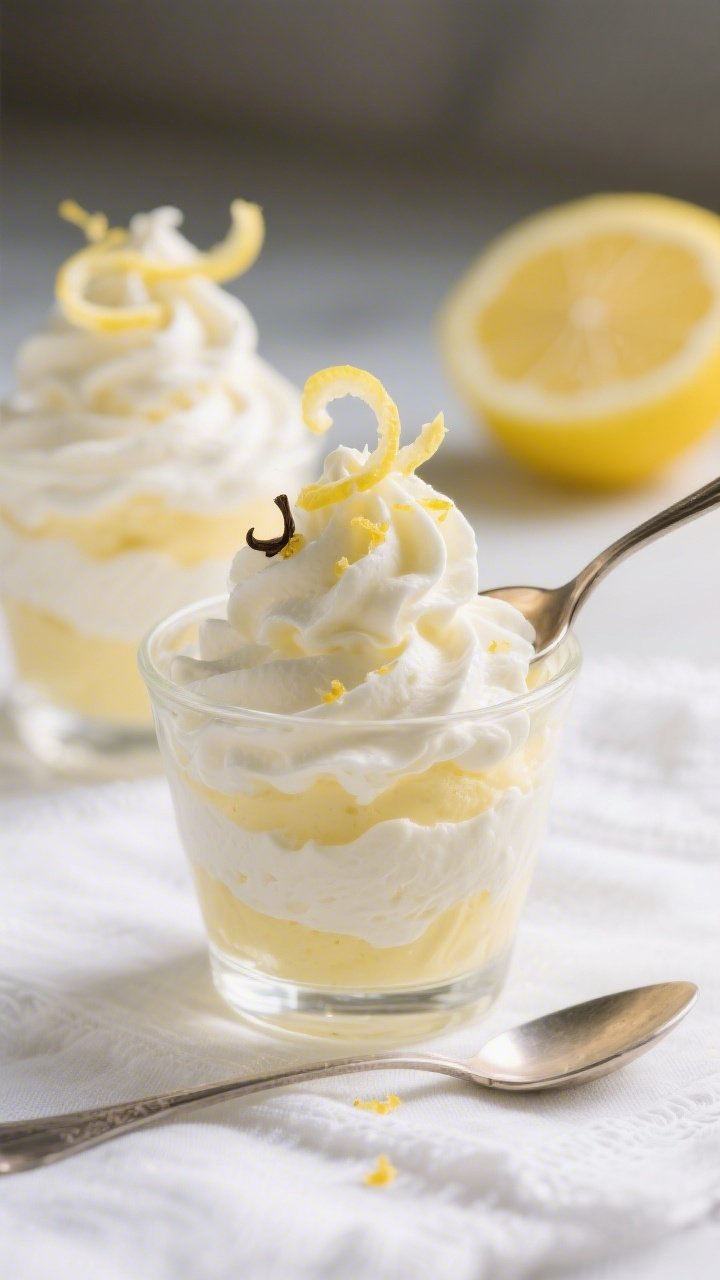 A straight-on, ultra-creamy citrus dessert scene: no-bake lemon cloud mousse piped into clear glass cups showing airy texture and soft peaks. Pale yellow hue from lemon juice and zest, topped with delicate lemon zest curls and a tiny vanilla speck. Whipped cream swoops visible, with a spoonful lifted beside a cup to show the light, cloudlike mousse. Cool, luminous lighting, white linen, and a halved lemon in the background.