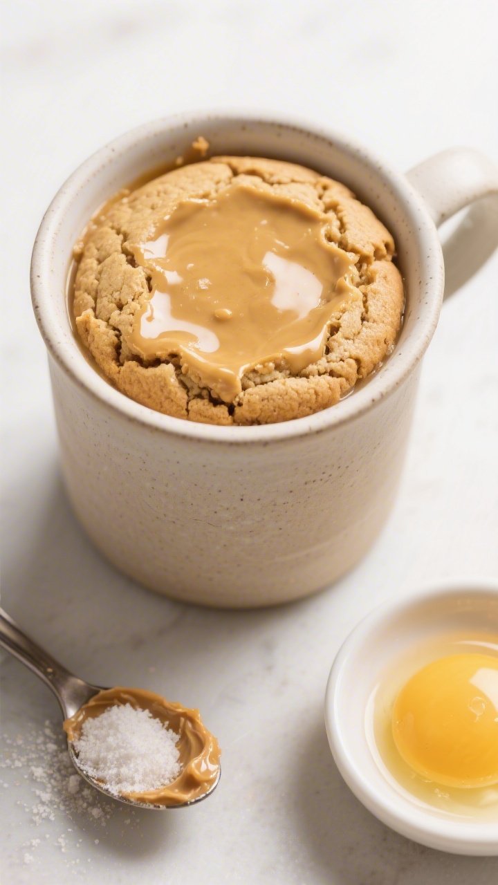 A tight overhead shot of a peanut butter mug cookie just microwaved in a neutral ceramic mug: golden, slightly cracked top with a soft-set center; nearby mise en place shows a spoonful of natural peanut butter, a pinch of powdered/granular keto sweetener, and a separated egg yolk in a small dish; clean, bright lighting to emphasize the warm, gooey texture and nutty color.