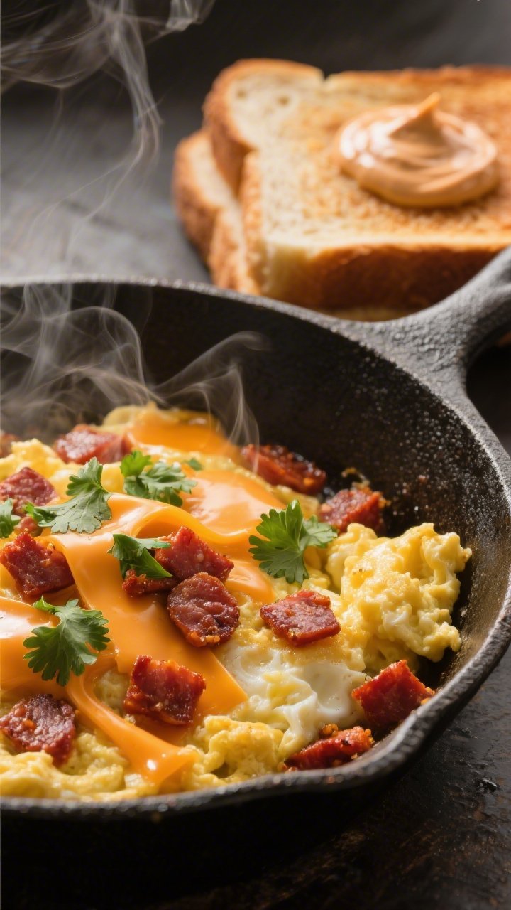 Action close-up, 45-degree skillet shot: soft-scrambled eggs with visible curds folding gently with sautéed fresh chorizo (rust-red, slightly crispy bits). Melted pepper jack cheese ribbons partially integrated, steam rising. A toasted brioche slice in the background ready to assemble, a dollop of chipotle mayo and chopped cilantro sprinkled over top. Rich, spicy color palette—oranges and golds—shot in directional side light, shallow depth, cast-iron texture prominent.