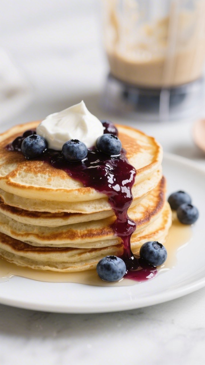 Action-oriented 45-degree shot of High-Protein Blender Pancakes With Blueberry Compote: a stack of golden, fluffy protein pancakes on a simple white plate, edges slightly crisp, topped with a glossy blueberry compote cascading down the sides; a dollop of Greek yogurt and a few fresh blueberries scattered, light drizzle of maple syrup catching highlights, blender jar with residual batter blurred in the background to hint at the quick, high-protein prep.