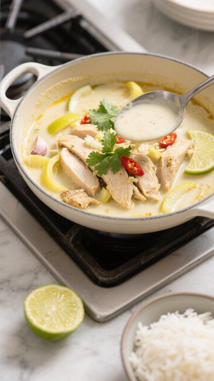 Action stovetop shot of Coconut-Lime Chicken Curry in a enameled saucepan: thinly sliced chicken simmering in creamy coconut milk tinted pale yellow, thin-sliced yellow onions turning translucent, minced garlic and ginger visible; lime wedges, cilantro, and red chili slices ready for finishing; a spoon lifting the sauce to show velvety texture; 45-degree angle, bright, fresh vibe with a halved lime and a small bowl of jasmine rice in frame.