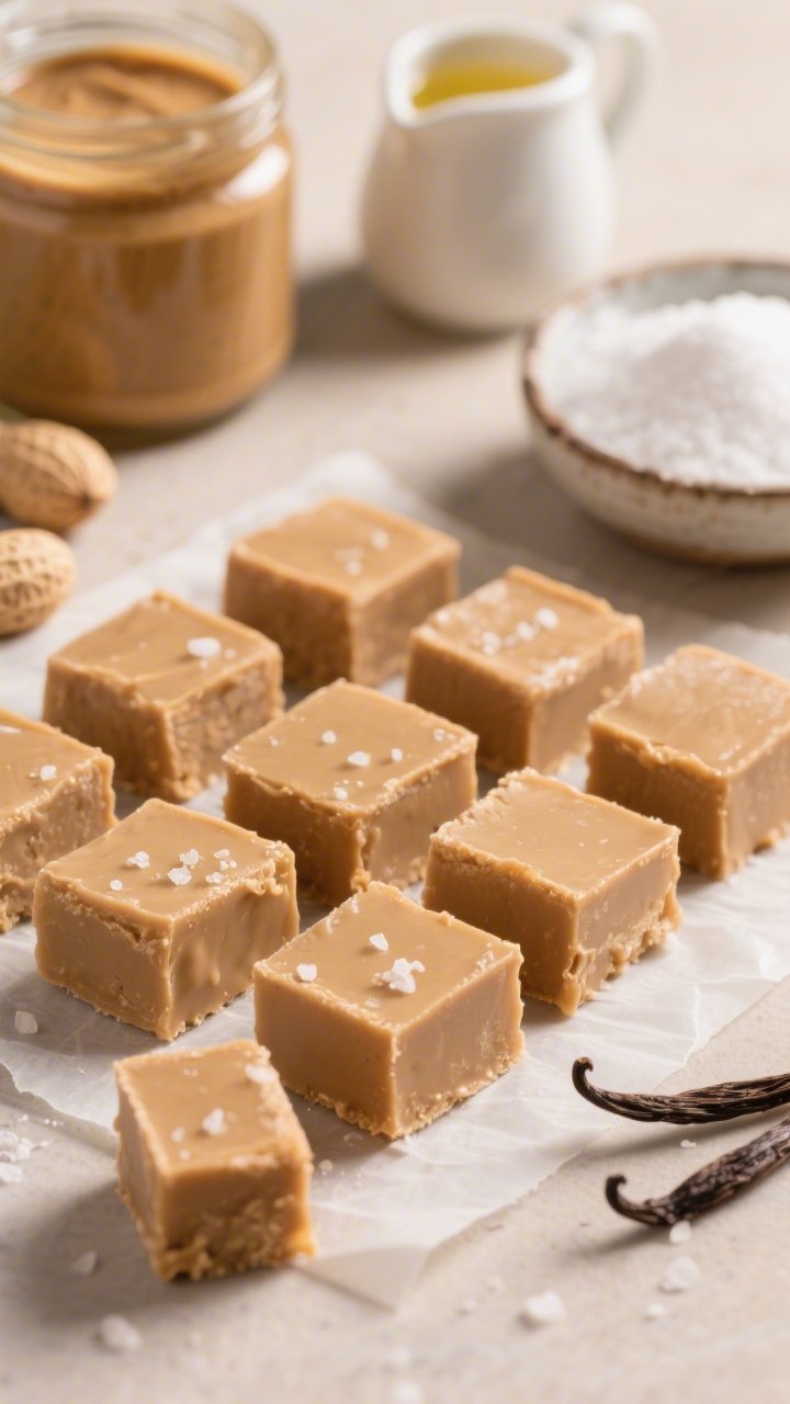 An extreme close-up of silky peanut butter fudge bites arranged on parchment: neat squares with sharp edges and a creamy matte surface, tiny salt crystals glinting; ingredients implied around the frame—an open jar of natural peanut butter with an oily sheen, a small pitcher of melted coconut oil, a dish of powdered erythritol, and vanilla extract; one bite piece slightly tilted to reveal a dense, smooth interior; warm neutral tones, soft side lighting for luscious texture, no people.