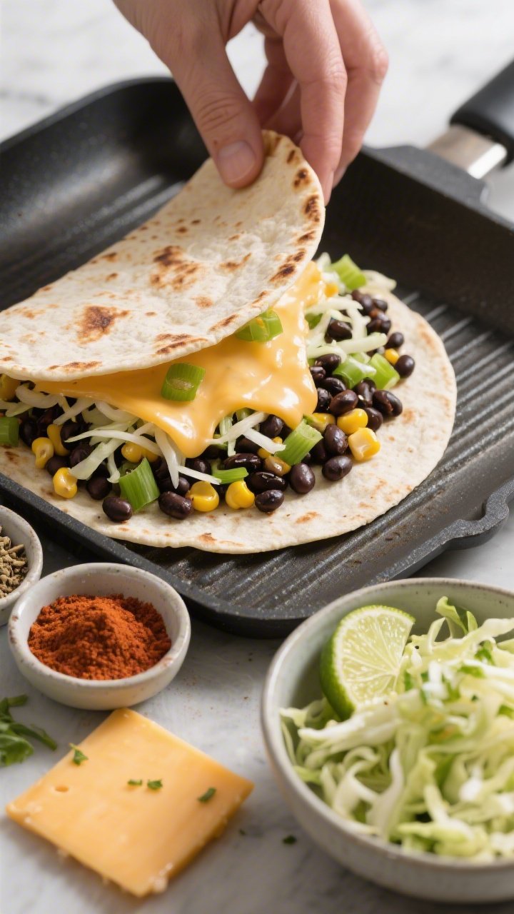 An ingredients-and-assembly 45-degree shot for black bean quesadillas with lime slaw: open tortilla on a griddle layered with shredded Monterey Jack, black beans, sweet corn kernels, and sliced green onions, edges just beginning to crisp; a side bowl of zippy lime slaw with visible cabbage ribbons and lime zest; small pinch bowls of ground cumin and chili powder nearby; cheese starting to melt into gooey strands, bright, fresh colors, clean modern styling, no hands in frame
