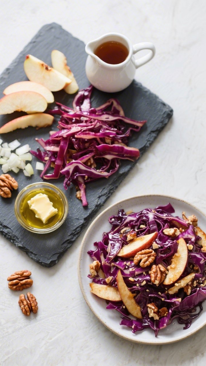 An ingredients-forward overhead flat lay transitioning to a final dish: maple-Dijon fried cabbage with apples and walnuts. On a slate board, thin ribbons of red cabbage, matchstick Honeycrisp apple, minced shallot, toasted walnut halves, olive oil, butter, a small bowl of Dijon mustard, and a tiny pitcher of maple syrup; beside it, a shallow plate of the finished sauté—glossy purple cabbage tossed with sweet-tangy maple-Dijon, crisp apple threads, and crunchy walnuts—clean, modern styling with cool natural light.