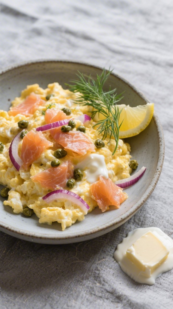 An overhead bowl shot of a creamy smoked salmon egg scramble: softly set eggs enriched with heavy cream, folded with torn smoked salmon, scattered briny capers, and thin slices of red onion. Finished with a lemon wedge and fresh dill fronds for the “lemon-dill magic.” Butter sheen visible on the curds, served in a matte stoneware bowl on a cool gray linen, with a small pat of butter and a drizzle of cream off to the side for context, crisp and airy light.