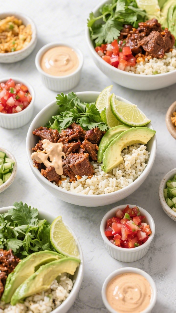An overhead build-your-own bowl spread for zesty avocado taco bowls with chipotle-lime beef: vibrant bowls of fluffy cauliflower rice topped with juicy chipotle-lime–seasoned beef, creamy avocado slices, fresh cilantro, lime wedges, pico de gallo, and a light drizzle of tangy crema; neatly arranged garnishes in small ramekins; bold, fresh colors with a clean, modern background; crisp lighting to make the greens and reds pop and emphasize the hearty, saucy beef.