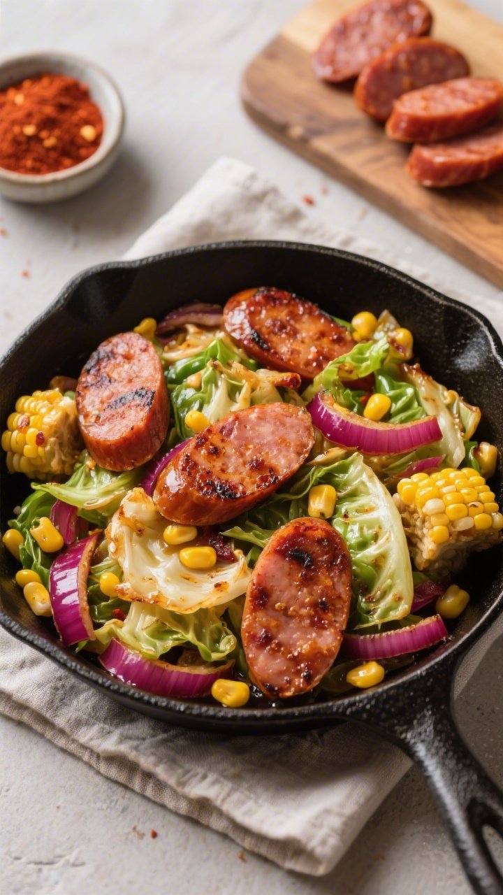 An overhead, colorful skillet scene of Cajun-style fried cabbage with andouille and corn: half-moon slices of seared andouille sausage with charred edges nestled among sautéed green cabbage and ruby strands of red onion; sweet pops of yellow corn kernels throughout, lightly glossy from olive oil; Cajun spices visible as a warm reddish tint; presented in a large black skillet on a linen with a small bowl of Cajun seasoning and sliced sausage on a board nearby.