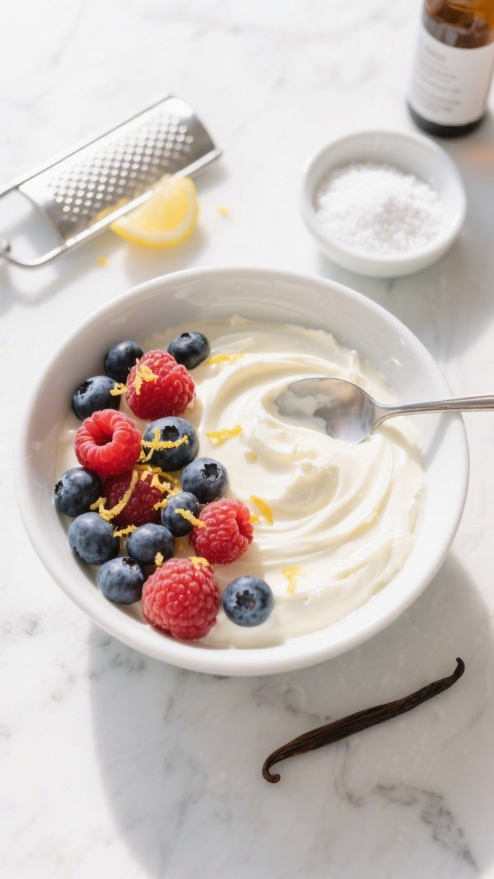 An overhead flat lay of a five-minute berry cheesecake bowl: a creamy base of softened full-fat cream cheese blended with full-fat Greek yogurt, sweetened with powdered allulose, spooned into a white ceramic bowl and swirled; scattered fresh mixed berries on top (raspberries, blueberries), a sprinkle of lemon zest and a drizzle-like sheen; props include a microplane with zest, a small dish of powdered sweetener, and a vanilla bottle; bright, fresh morning light on a white marble surface for a clean, repeatable breakfast vibe, no people.