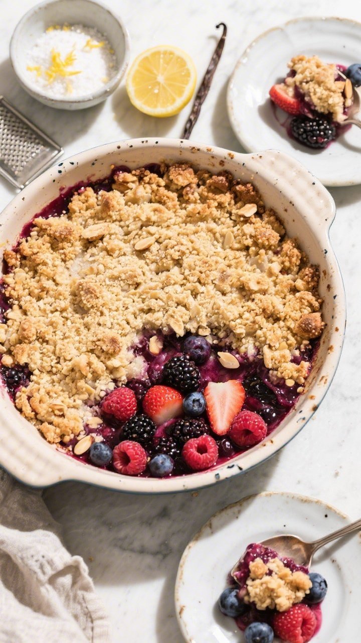 An overhead flat lay of an almond flour berry crumble just out of the oven, in a rustic enamel baking dish. The topping is golden-brown with visible brown-butter sheen and nubbly almond texture; below, bubbling mixed berries—raspberries, blackberries, strawberries, and blueberries—bleed vibrant magentas and deep purples. Style with a small bowl of allulose, a microplane with lemon zest, a halved lemon, and a vanilla pod. Add two small dessert plates with spooned servings to show juicy filling and crunchy topping contrast. Natural daylight with soft shadows.