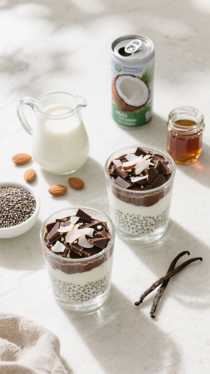 An overhead flat lay of coconut-chia pudding parfaits layered in clear tumblers: speckled chia set with unsweetened almond milk and full-fat coconut milk, lightly sweetened with maple syrup and vanilla, finished with a dark chocolate crunch layer on top; garnished with coconut flakes and shards of dark chocolate; ingredients staged around—chia seeds, a mini pitcher of almond milk, a can of coconut milk, maple syrup in a glass jar, vanilla extract; clean, minimalist styling with soft natural light.