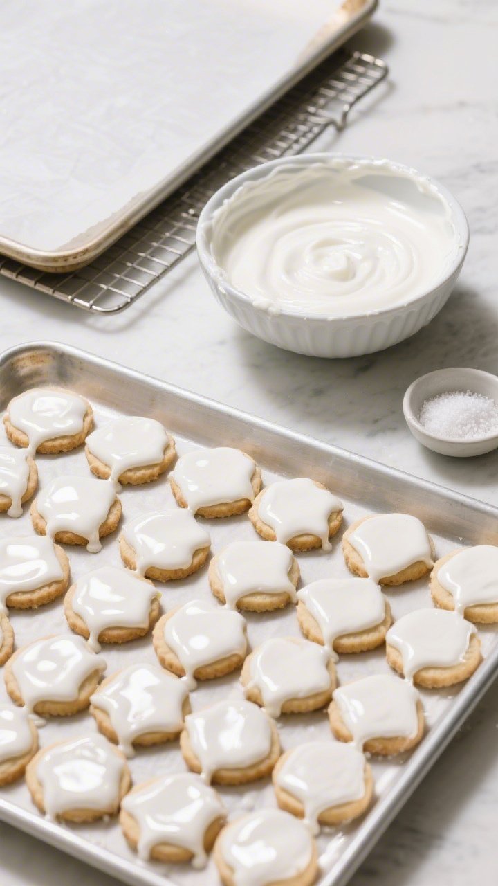 An overhead flat lay of Glossy Dip Icing for crowd batches: a tray of uniformly dunked sugar cookies arranged in tight rows, each coated in a mirror-like finish with delicate drip edges; a wide, shallow bowl of icing tinted pure white made from sifted powdered sugar, light corn syrup, warm water, and vanilla with optional almond extract; cooling racks, parchment-lined sheet pans, and a pinch bowl of fine salt; high-key lighting, efficient batch-production mood, crisp shadows.