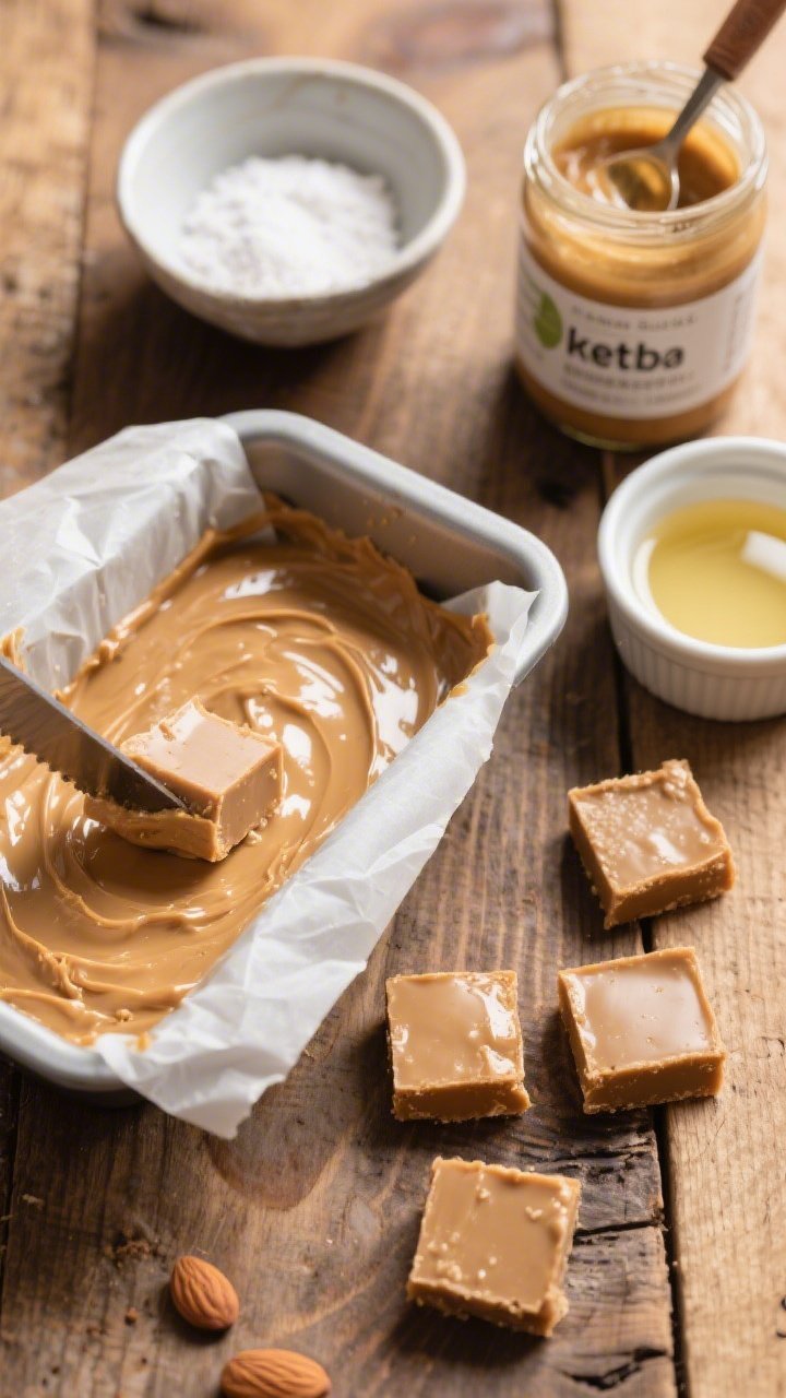 An overhead flat-lay of no-bake almond butter fudge bites being portioned: a parchment-lined loaf tin half-filled with glossy almond butter–coconut oil mixture, a small bowl of powdered keto sweetener, a jar of natural almond butter with an oiled spoon, and a ramekin of melted coconut oil; a few cut squares set to the side showing dense, satiny interiors with clean edges; warm, minimal styling, rustic wood surface.