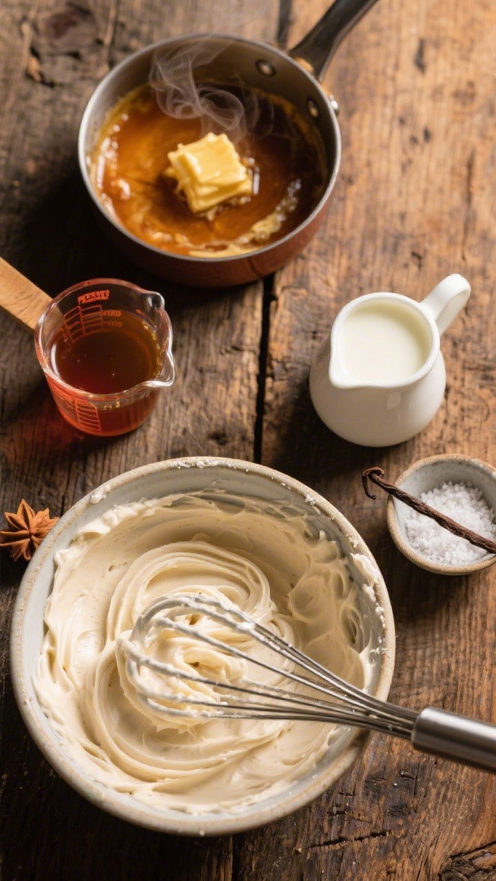 An overhead ingredient-and-process scene for Brown Butter Maple Frosting: a small saucepan with browned butter showing amber milk solids, steam curling; a measuring cup of pure maple syrup, sifted powdered sugar in a bowl, a splash of milk/heavy cream in a tiny pitcher, vanilla extract, and a pinch bowl of fine sea salt; a whisk with ribbons of frosting beginning to form in a mixing bowl; rustic wooden surface and cozy, caramel-toned styling to highlight nutty, toffee notes; warm directional light.